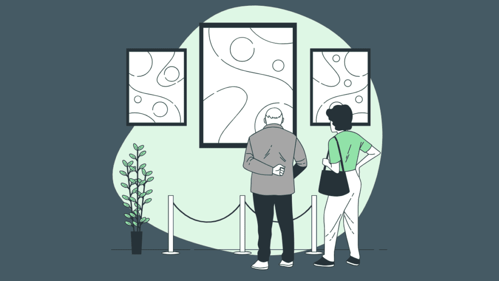 Illustration of a middle-aged couple looking at the exhibition